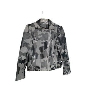 Camo Faux Leather Moto Jacket S By Denim 4 Us With Zipper Pockets & Buckle Detai